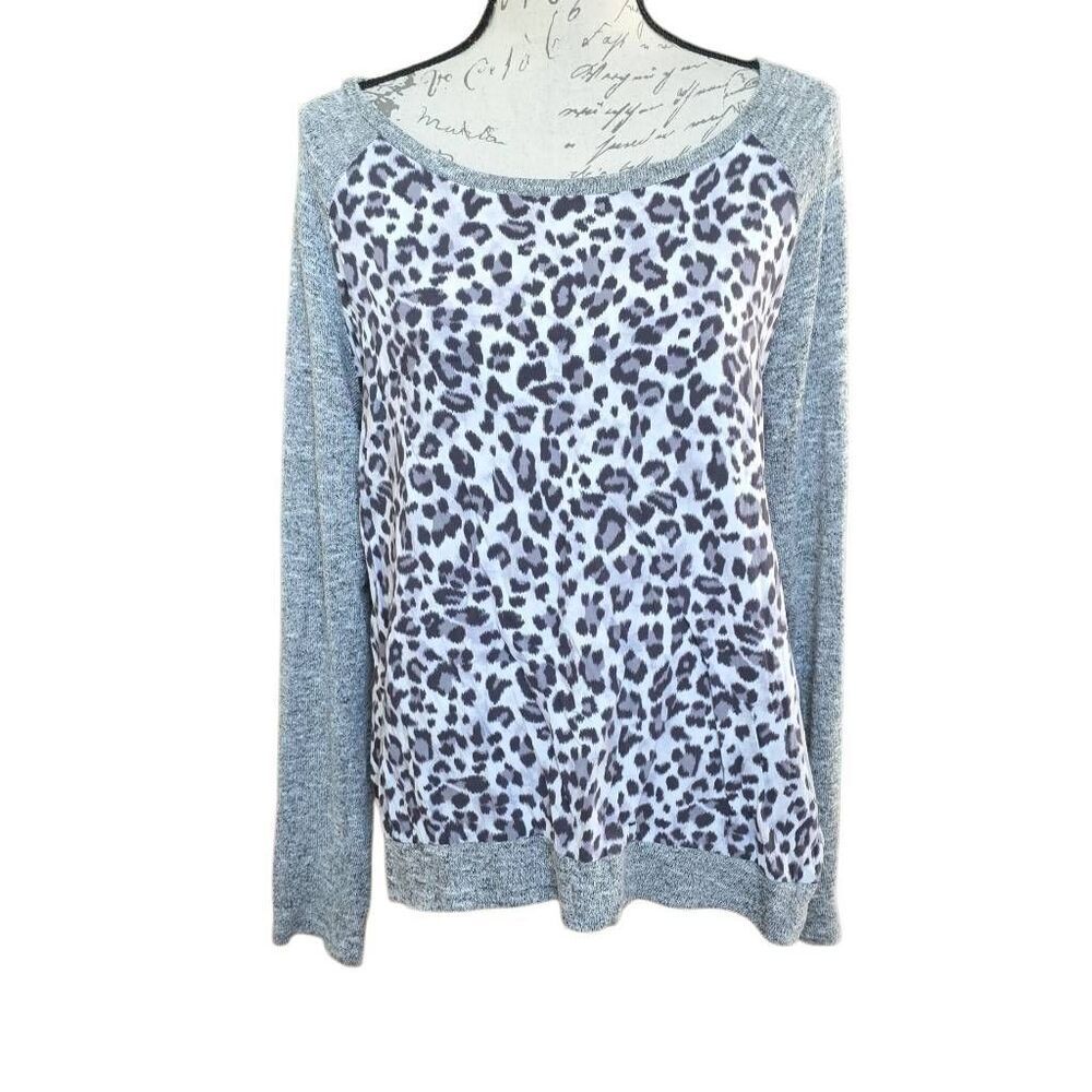 Kut From the Cloth Women's Sz Large Gray Black Leopard Print Mixed Material Top